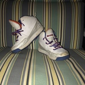Shaq size 1 boys shoes. White, blue, orange